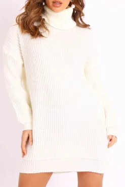 Rebellious Fashion Cream Roll Neck Mini Jumper Dress - Dariyana