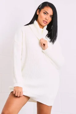 Rebellious Fashion Cream Roll Neck Mini Jumper Dress - Dariyana