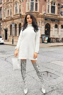 Rebellious Fashion Cream Roll Neck Mini Jumper Dress - Dariyana