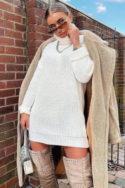 Rebellious Fashion Cream Roll Neck Mini Jumper Dress - Dariyana