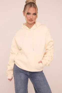 Rebellious Fashion Cream Ruched Sleeve Oversized Hoodie - Lorna
