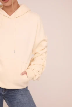 Rebellious Fashion Cream Ruched Sleeve Oversized Hoodie - Lorna