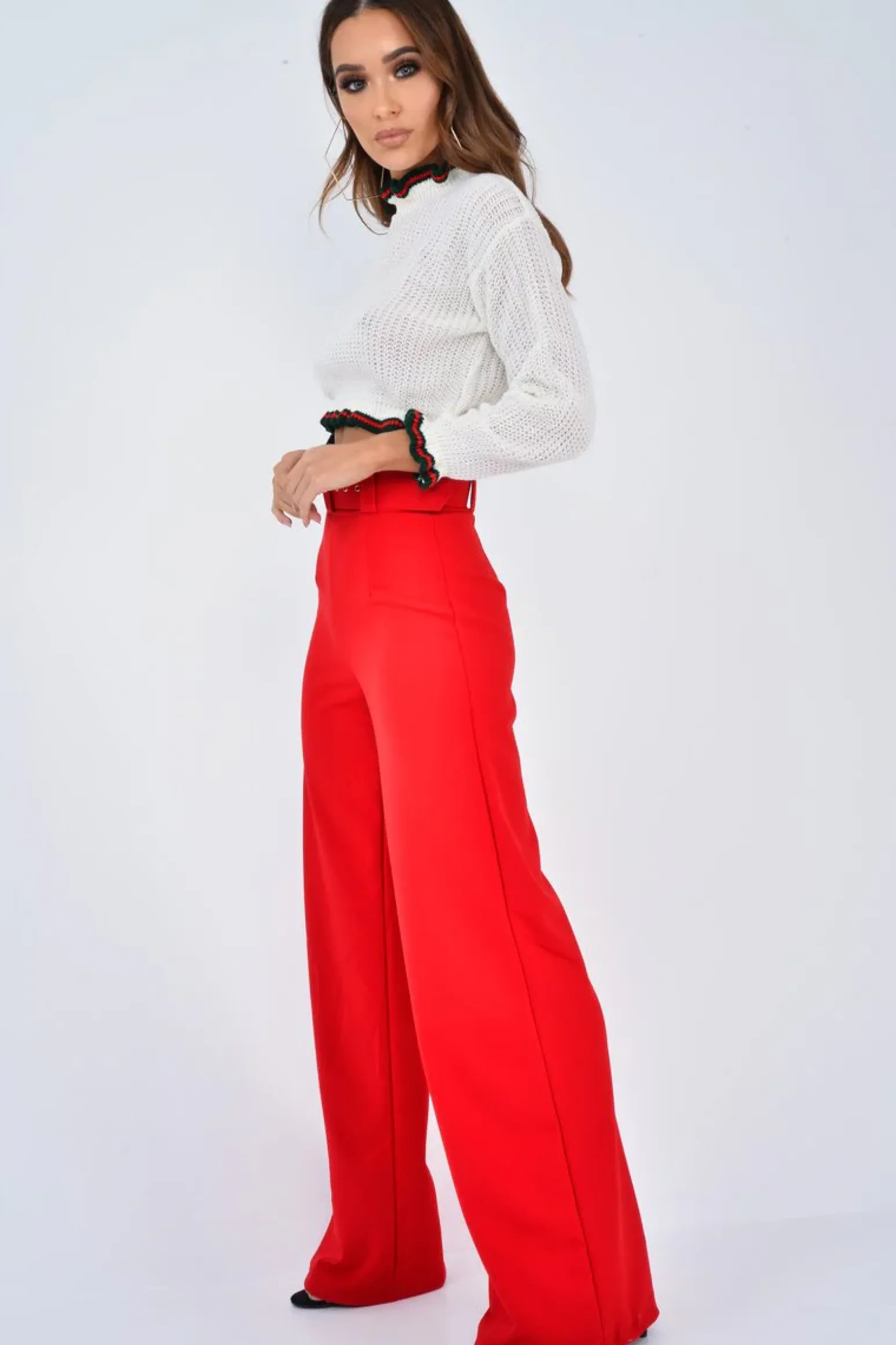 Rebellious Fashion Cream Ruffle Hem With Stripe Trim Chunky Knit Crop Jumper - Alannah