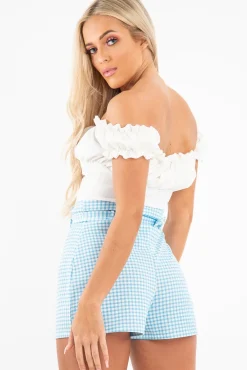 Rebellious Fashion Cream Ruffle Tie Front Bardot Crop Top - Pandora