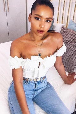 Rebellious Fashion Cream Ruffle Tie Front Bardot Crop Top - Pandora