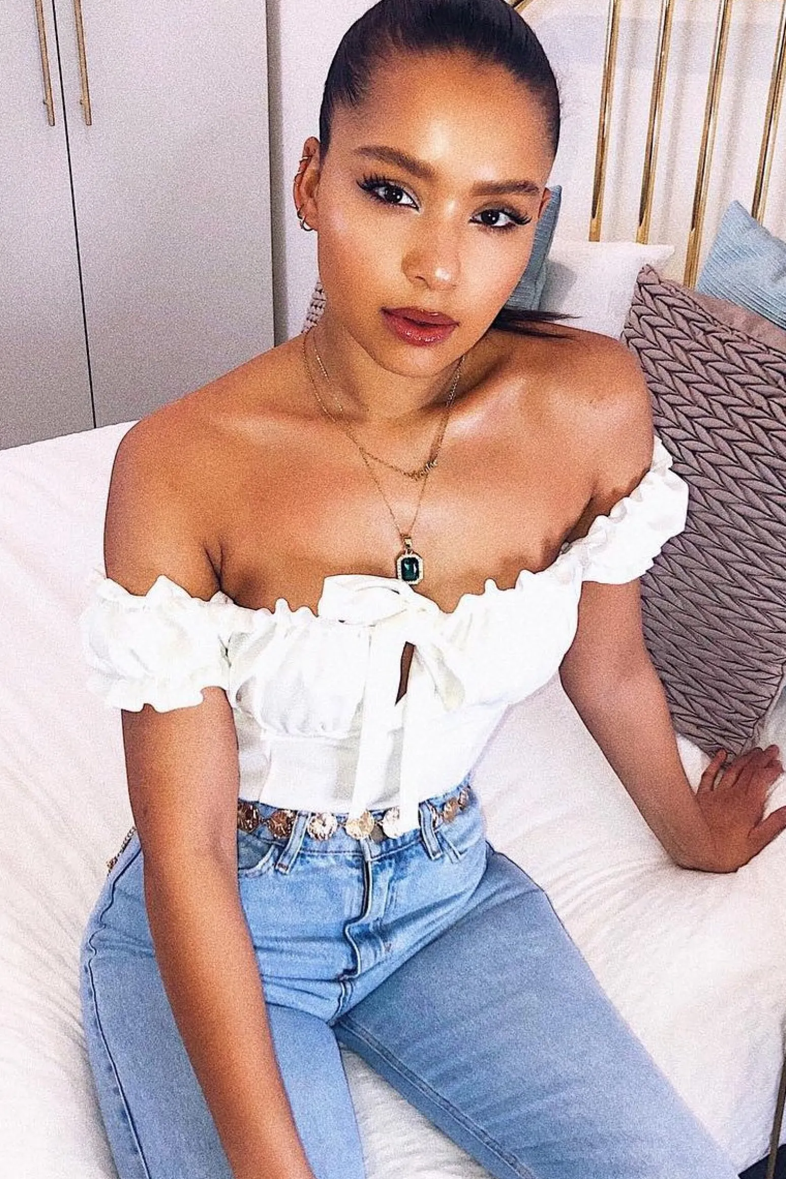 Rebellious Fashion Cream Ruffle Tie Front Bardot Crop Top - Pandora