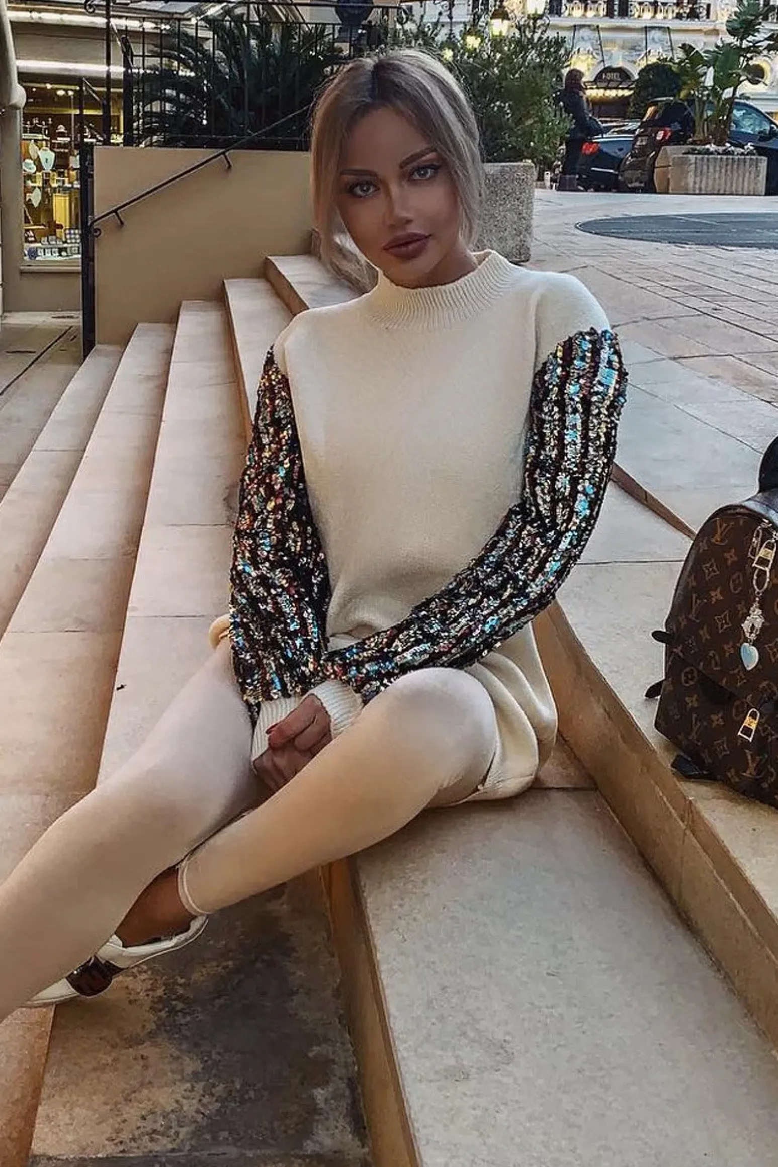 Rebellious Fashion Cream Sequin Sleeve Jumper Dress - Moniece