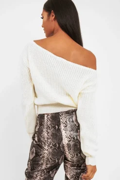 Rebellious Fashion Cream Slash Neck Knitted Jumper - Alessia