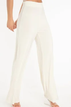 Rebellious Fashion Cream Slinky High Waist Wide Leg Trousers - Traci