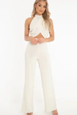 Rebellious Fashion Cream Slinky High Waist Wide Leg Trousers - Traci