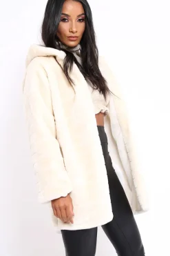Rebellious Fashion Cream Soft Faux Fur Hooded Coat - Kila
