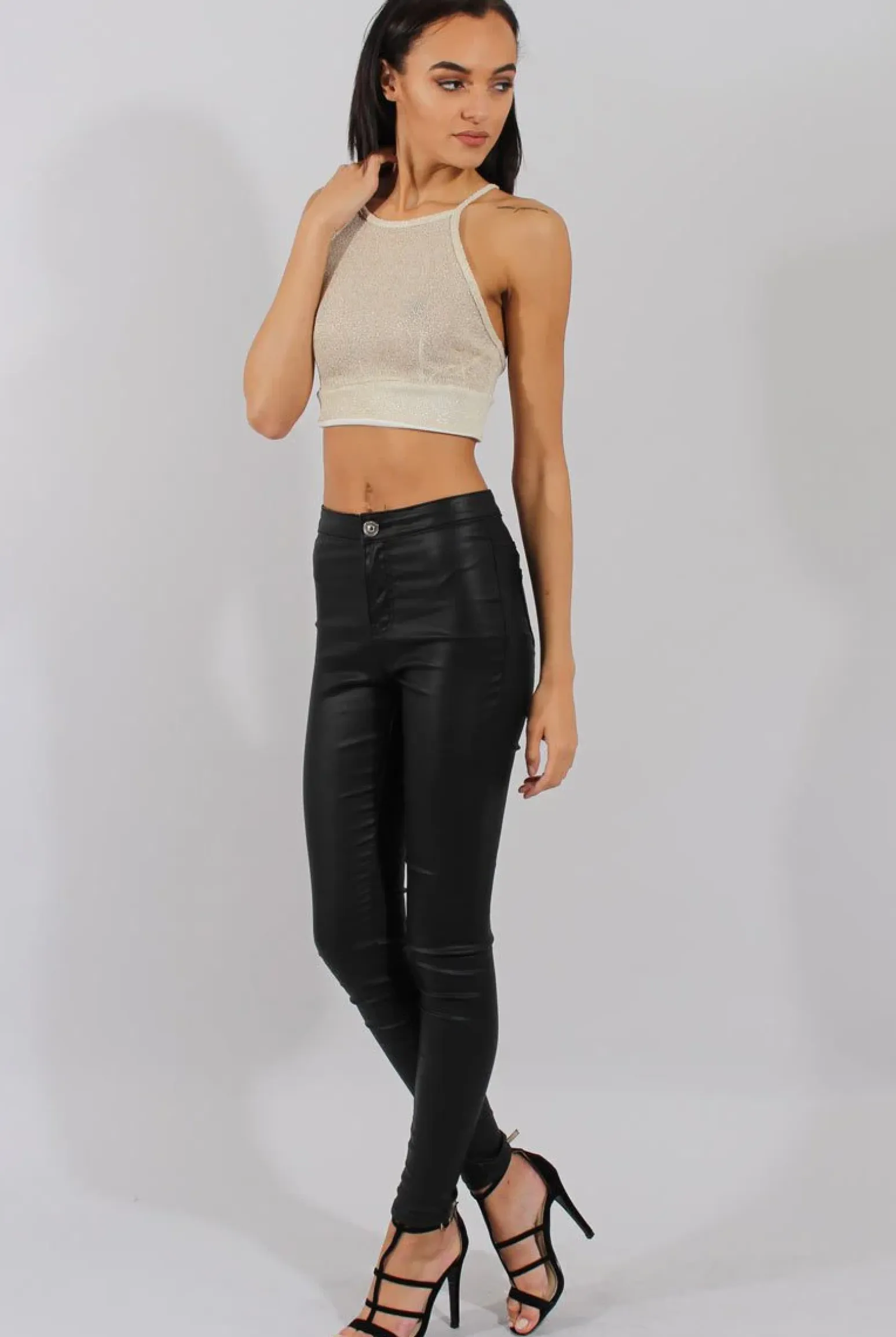 Rebellious Fashion Cream Sparkle Halter Neck Crop Top - Charla