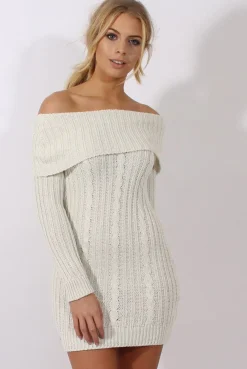 Rebellious Fashion Cream Sparkle Knit Bardot Jumper Dress - Kasey