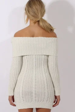 Rebellious Fashion Cream Sparkle Knit Bardot Jumper Dress - Kasey