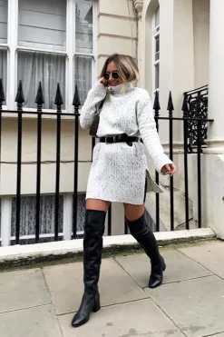 Rebellious Fashion Cream Split Side Cable knit Jumper Dress - Kyla