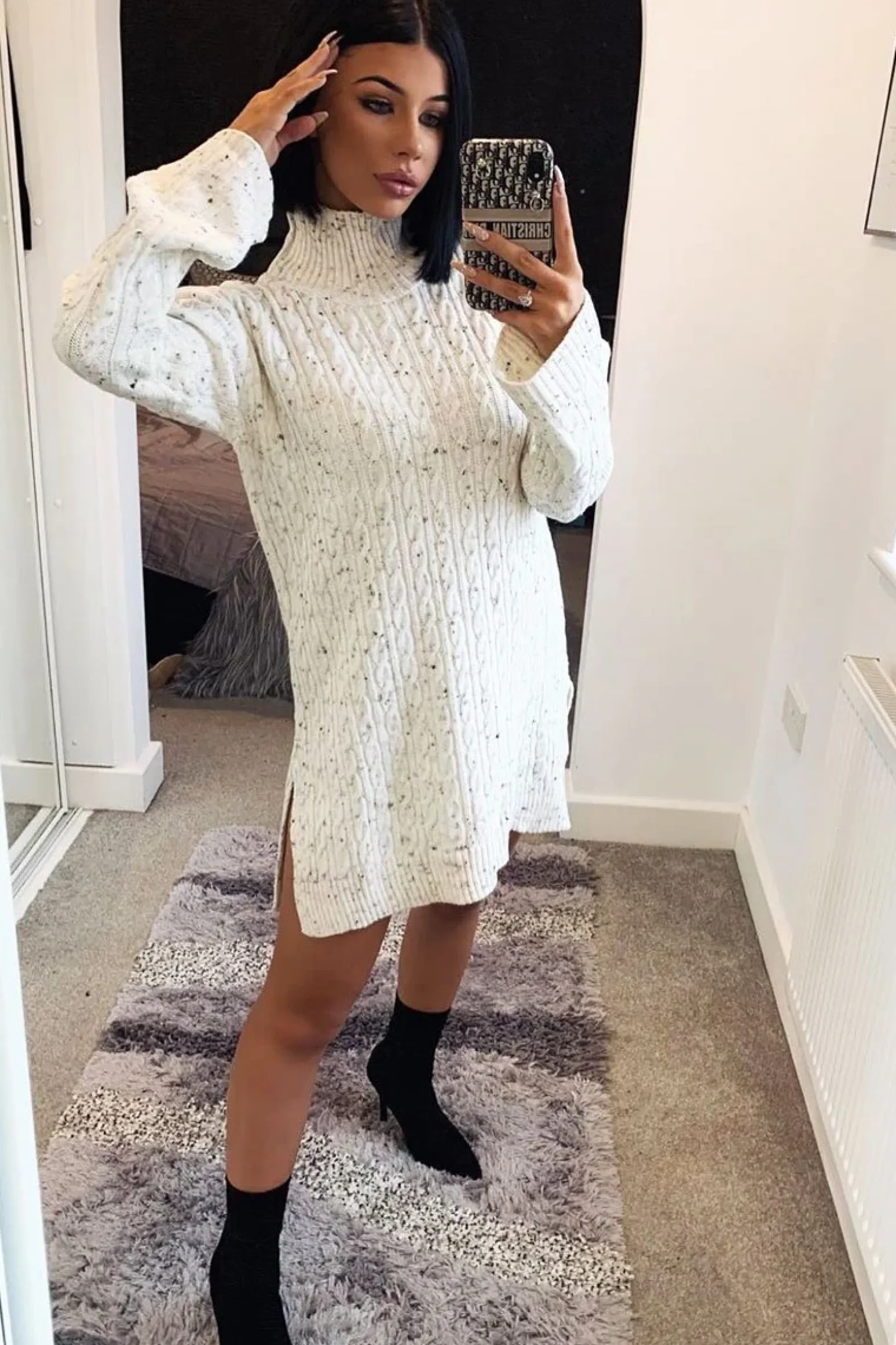 Rebellious Fashion Cream Split Side Cable knit Jumper Dress - Kyla