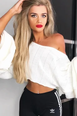 Rebellious Fashion Cream Striped Cropped Batwing Jumper with V neck -Karri
