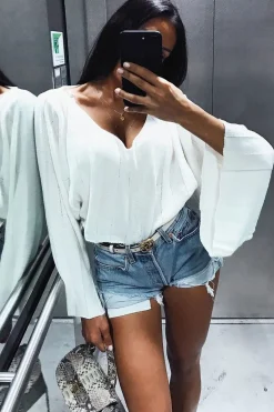 Rebellious Fashion Cream Striped Cropped Batwing Jumper with V neck -Karri