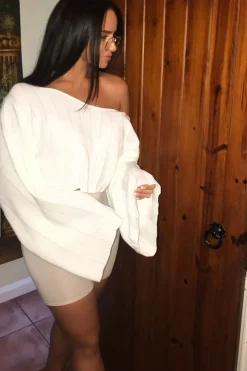 Rebellious Fashion Cream Striped Cropped Batwing Jumper with V neck -Karri