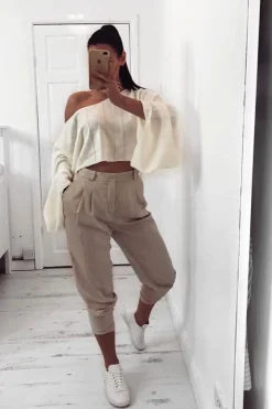 Rebellious Fashion Cream Striped Cropped Batwing Jumper with V neck -Karri