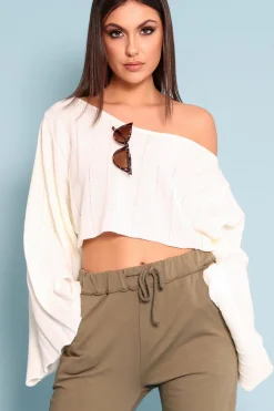 Rebellious Fashion Cream Striped Cropped Batwing Jumper with V neck -Karri
