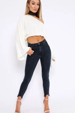 Rebellious Fashion Cream Striped Cropped Batwing Jumper with V neck -Karri