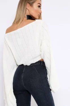 Rebellious Fashion Cream Striped Cropped Batwing Jumper with V neck -Karri