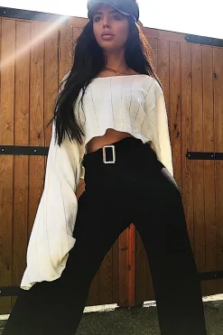 Rebellious Fashion Cream Striped Cropped Batwing Jumper with V neck -Karri