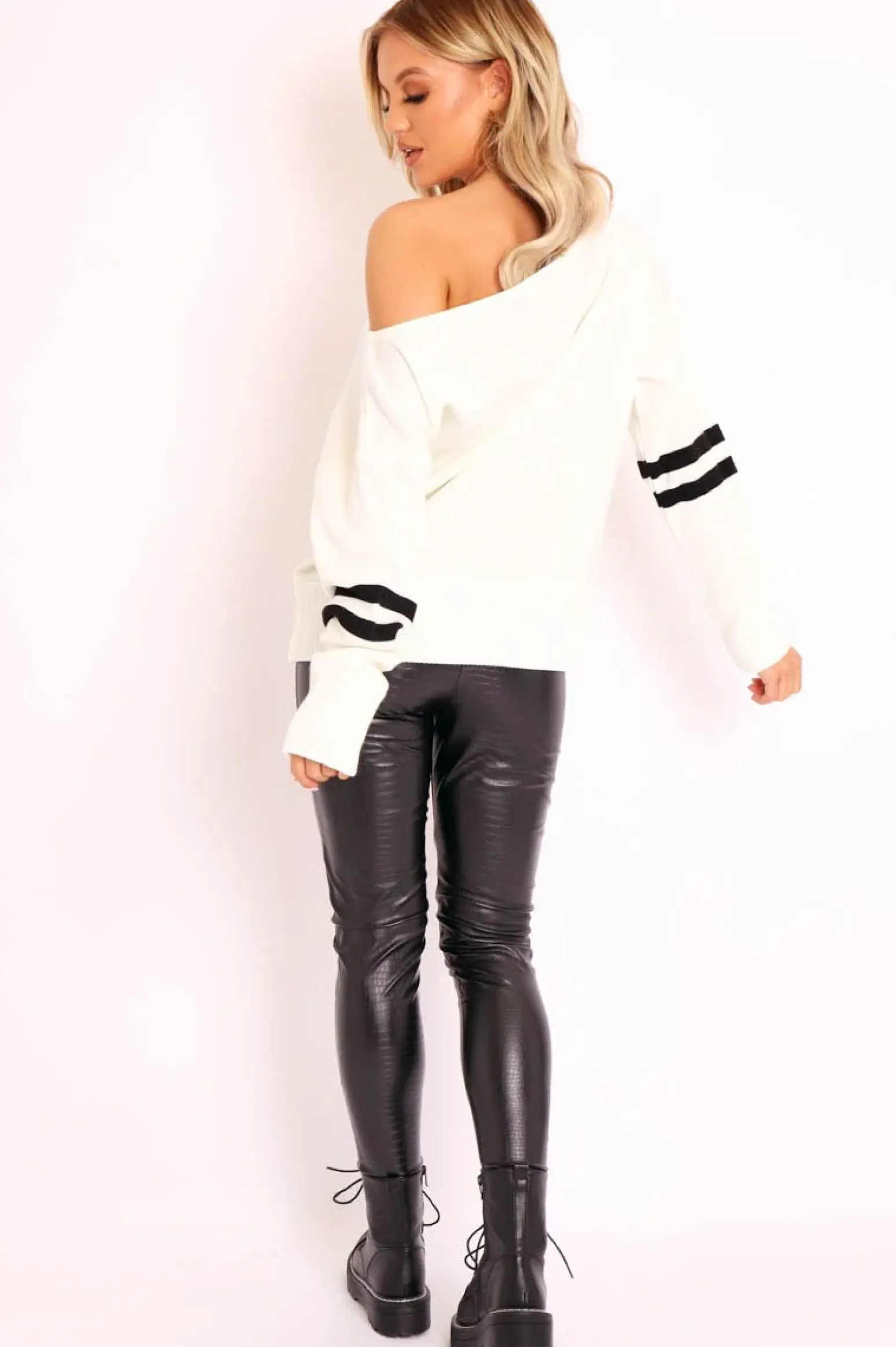 Rebellious Fashion Cream Stripe Off Shoulder Knit Jumper - Fifi