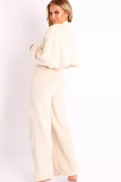 Rebellious Fashion Cream Teddy High Neck Top Trouser Co-ord - Gratia