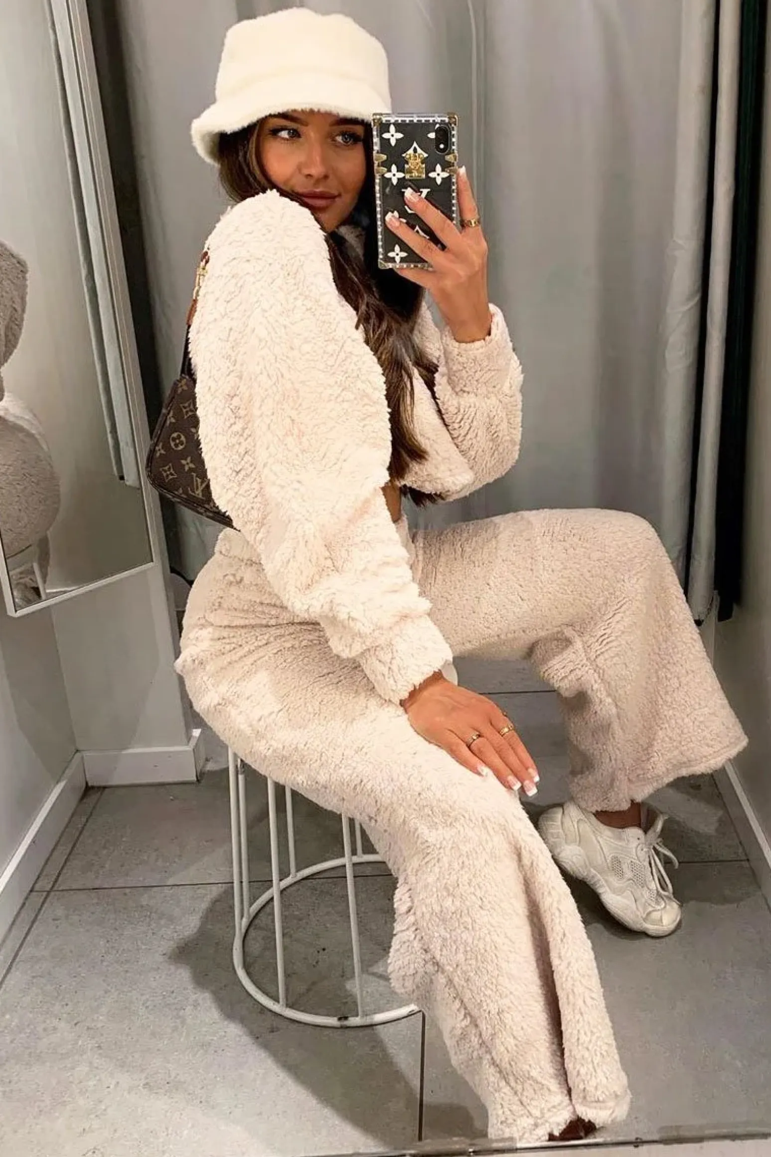 Rebellious Fashion Cream Teddy High Neck Top Trouser Co-ord - Gratia