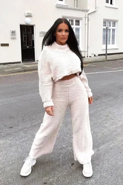 Rebellious Fashion Cream Teddy High Neck Top Trouser Co-ord - Gratia
