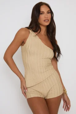 Rebellious Fashion Cream Textured One Shoulder Top and Short Co-ord - Marcie