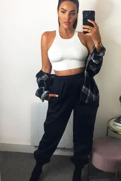 Rebellious Fashion Cream Thick Rib Halter Neck Crop Top - Aariella