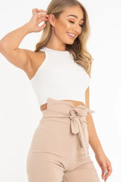 Rebellious Fashion Cream Thick Rib Halter Neck Crop Top - Aariella