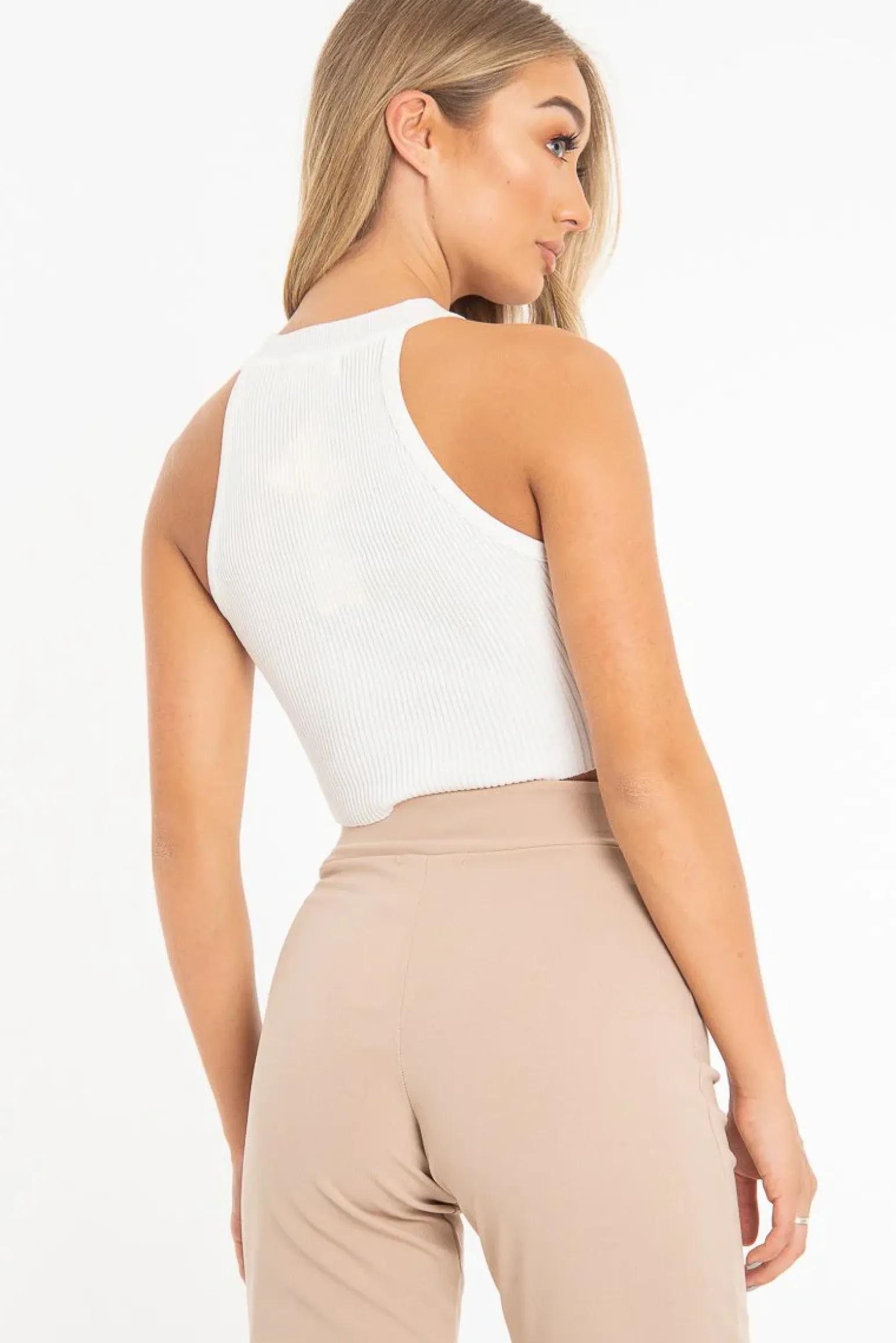 Rebellious Fashion Cream Thick Rib Halter Neck Crop Top - Aariella