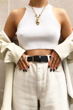 Rebellious Fashion Cream Thick Rib Halter Neck Crop Top - Aariella