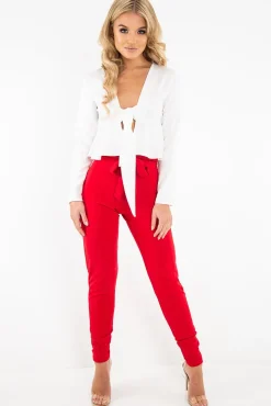 Rebellious Fashion Cream Tie Front Plunge Crop Blouse - Linzy