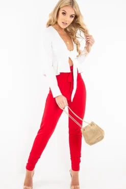 Rebellious Fashion Cream Tie Front Plunge Crop Blouse - Linzy