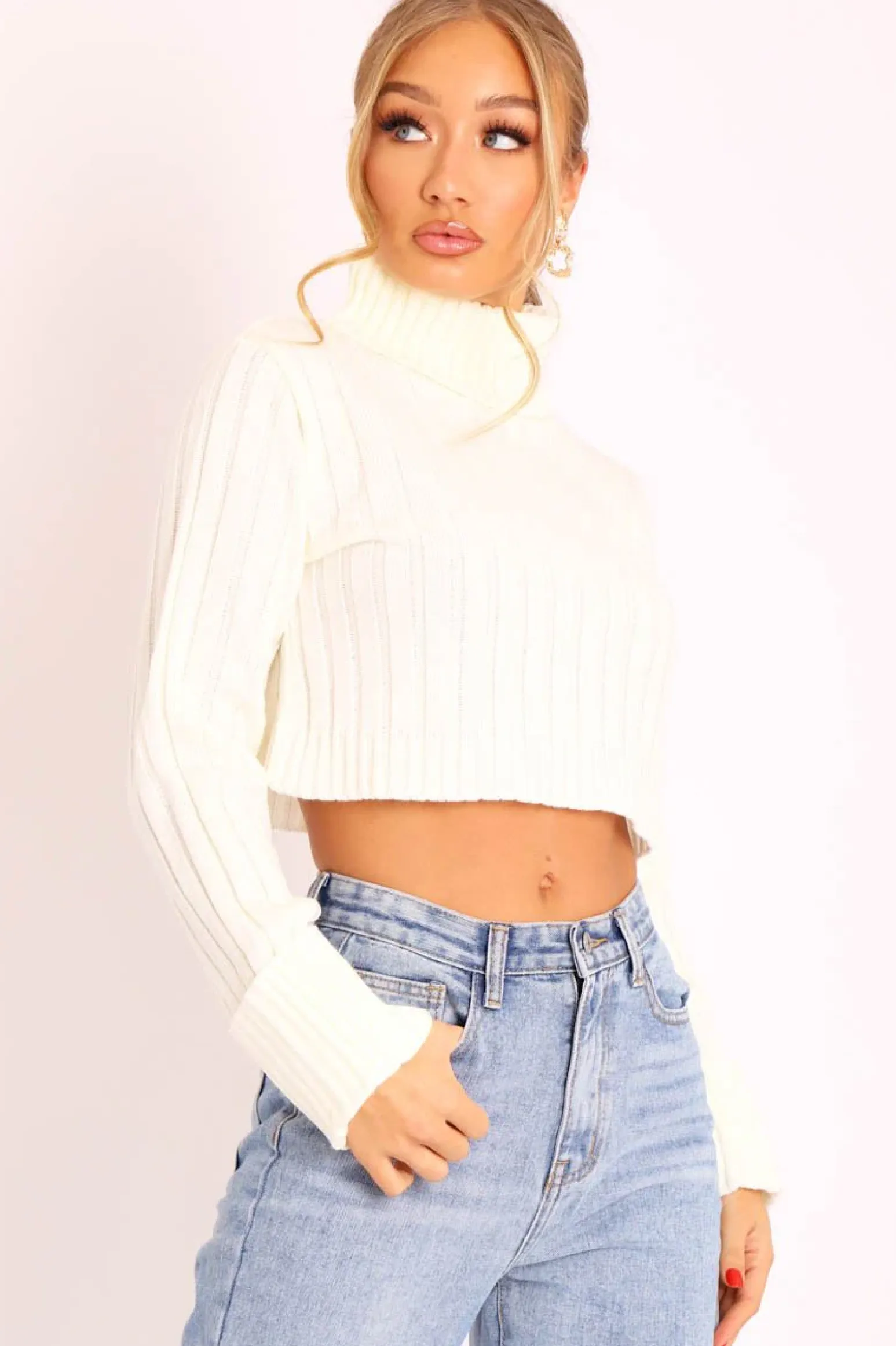 Rebellious Fashion Cream Wide Rib Roll Neck Jumper - Joyanna