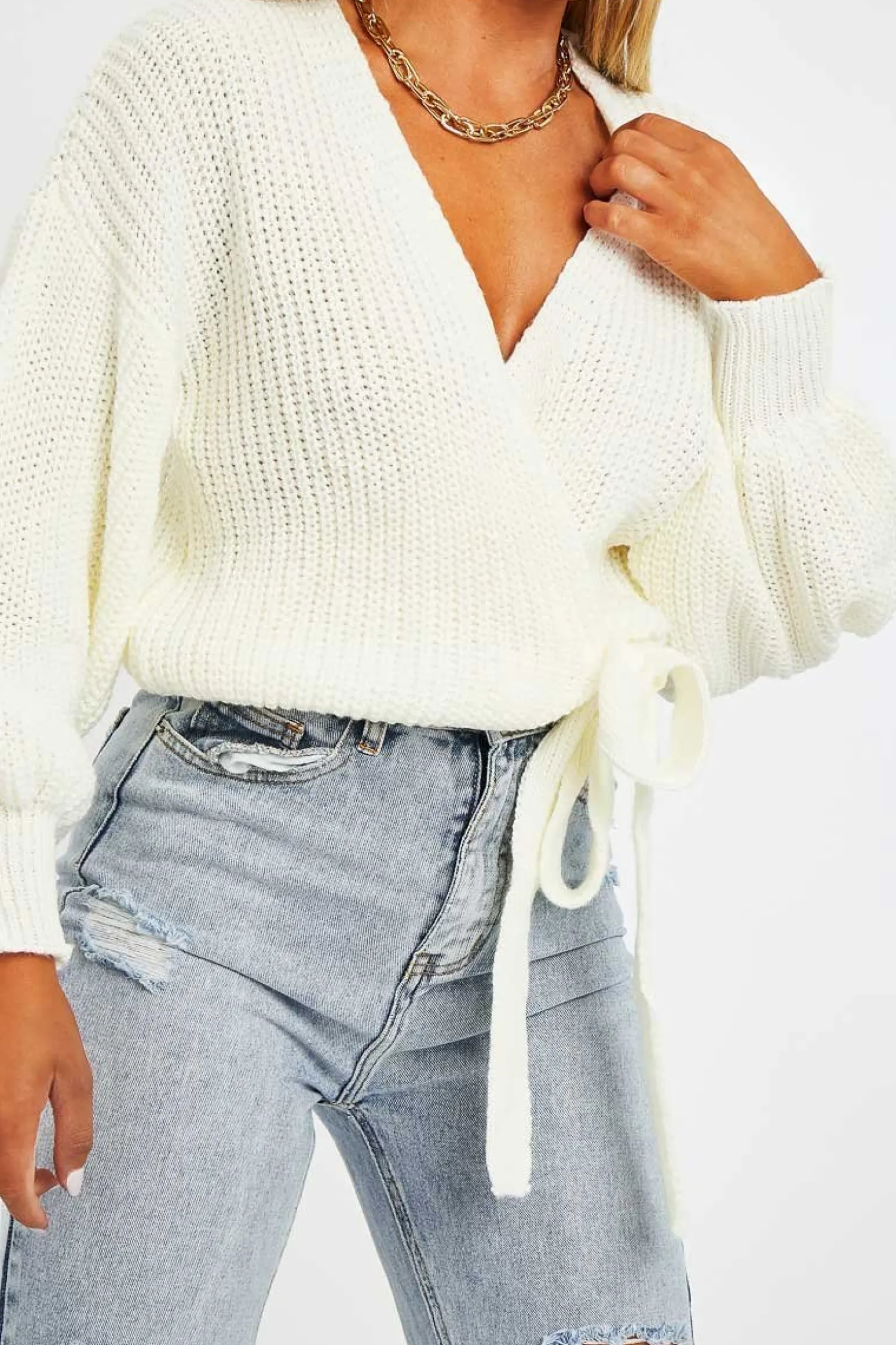 Rebellious Fashion Cream Wrap Tie Details Cardigan - Lucy