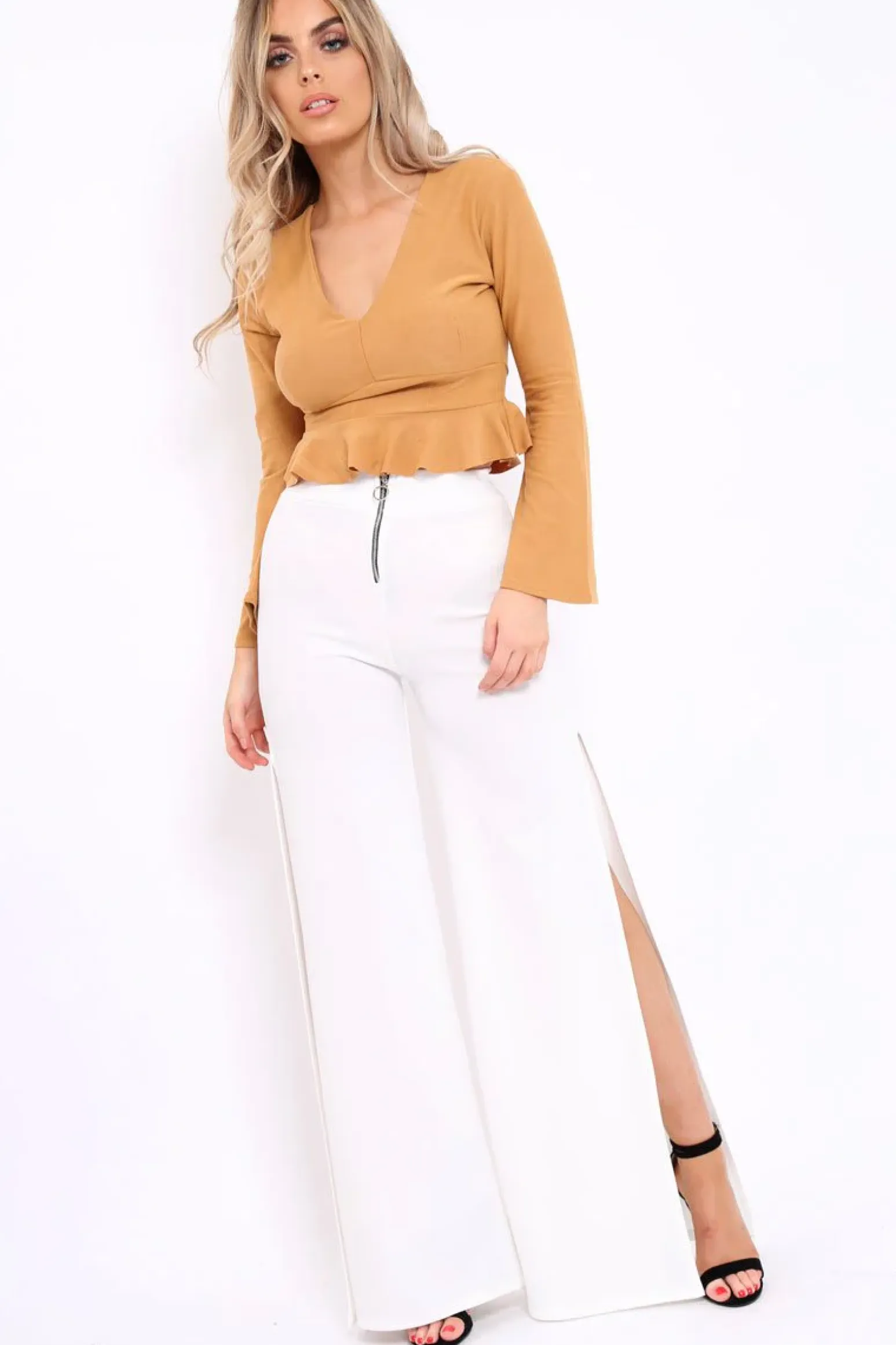 Rebellious Fashion Cream Zip Front High Waisted Flare Trousers - Gerta