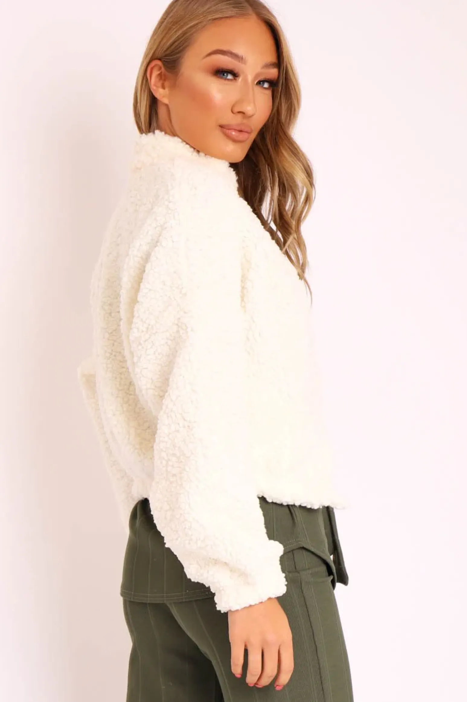 Rebellious Fashion Cream Zip Front Teddy Jacket - Elena