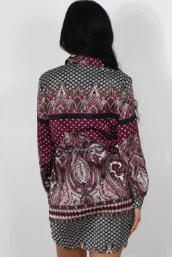 Rebellious Fashion Damae Wine Paisley Print Shirt Dress
