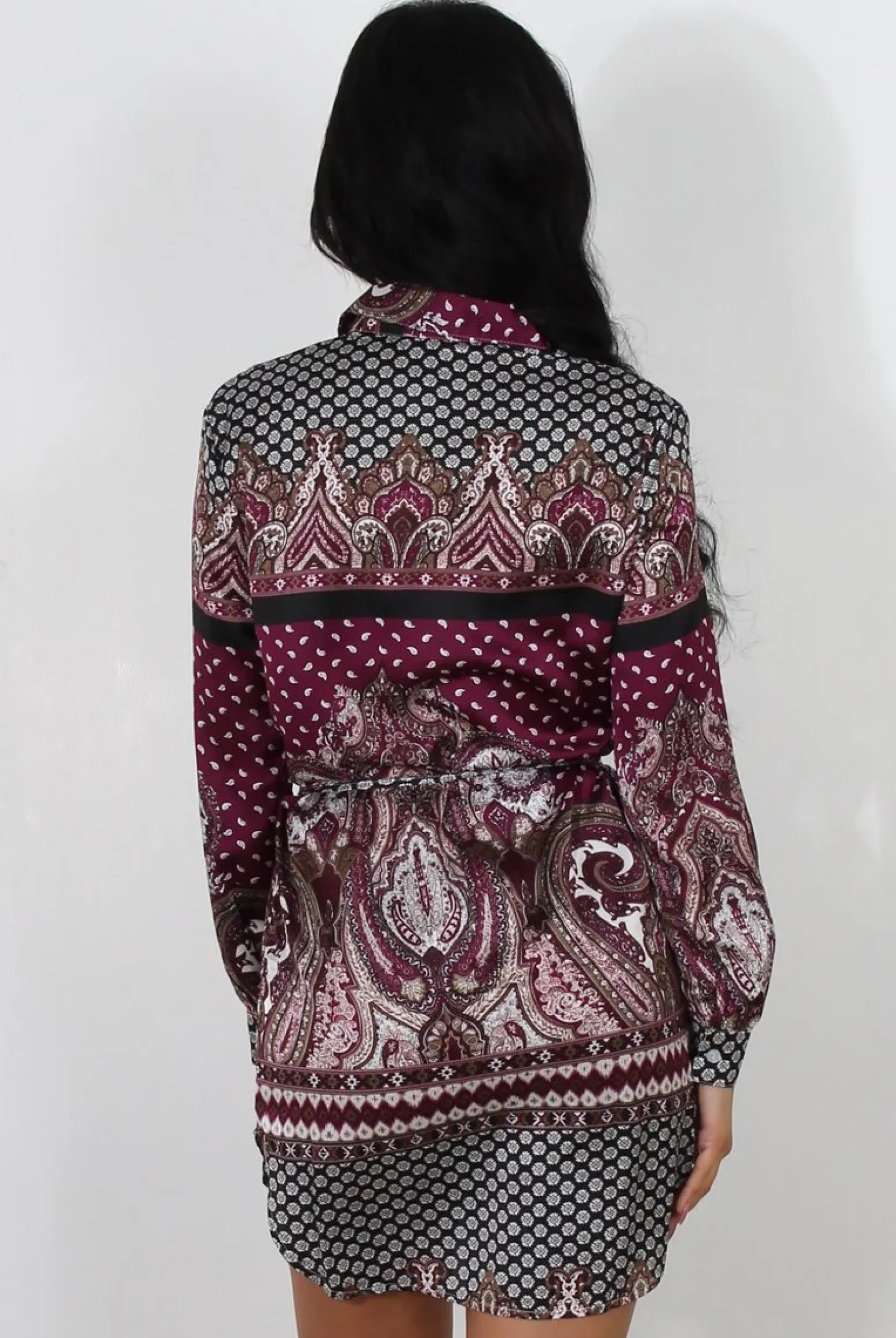 Rebellious Fashion Damae Wine Paisley Print Shirt Dress