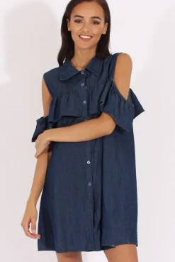 Rebellious Fashion Dark Blue Cold Shoulder Denim Dress - Torrie