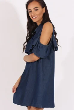 Rebellious Fashion Dark Blue Cold Shoulder Denim Dress - Torrie