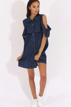 Rebellious Fashion Dark Blue Cold Shoulder Denim Dress - Torrie