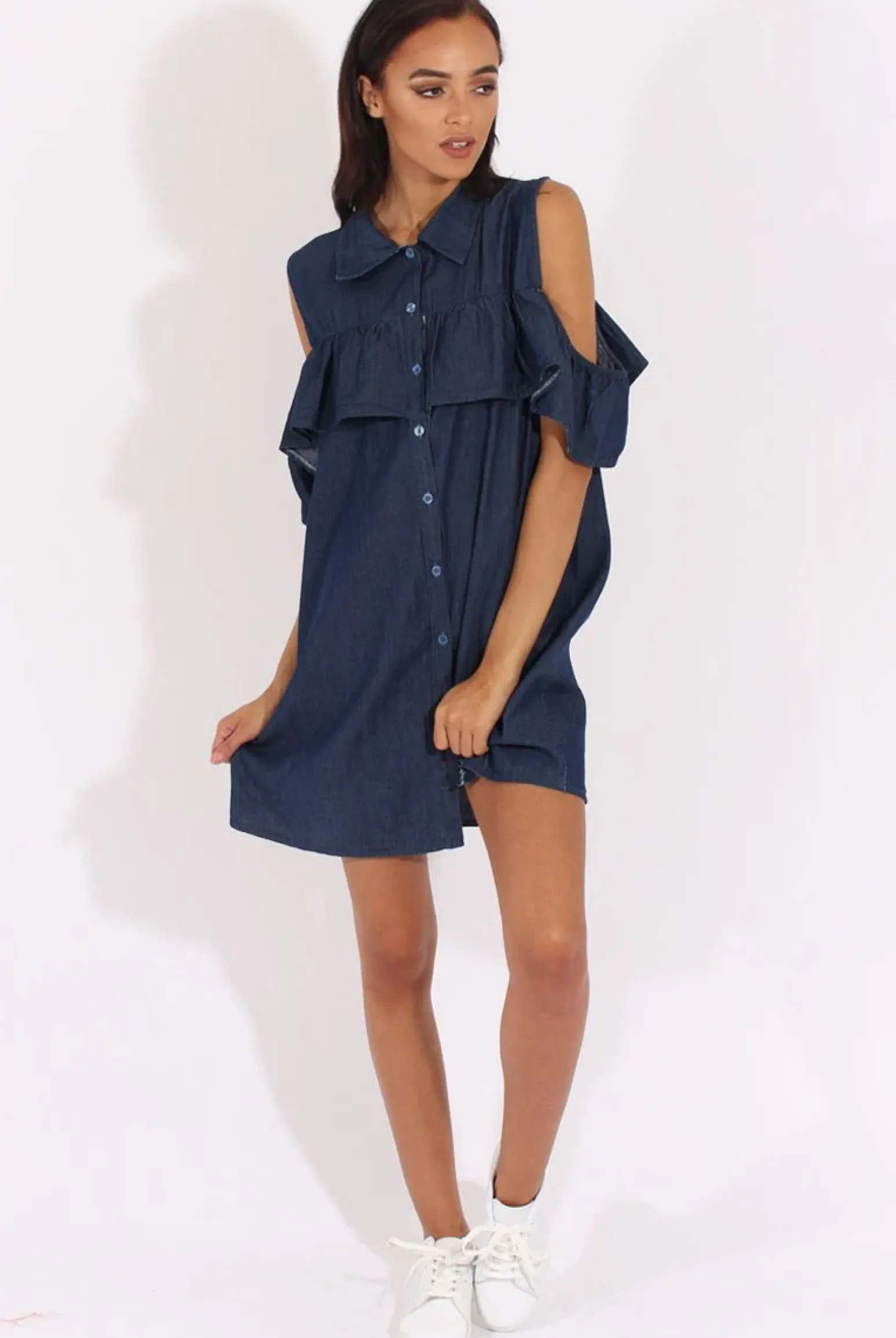 Rebellious Fashion Dark Blue Cold Shoulder Denim Dress - Torrie