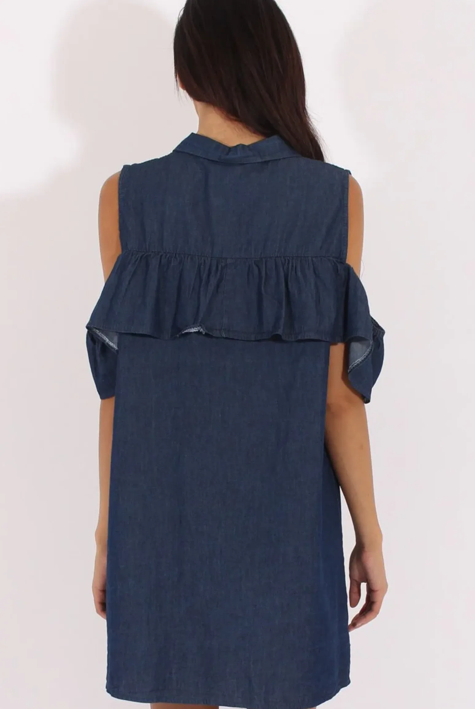Rebellious Fashion Dark Blue Cold Shoulder Denim Dress - Torrie